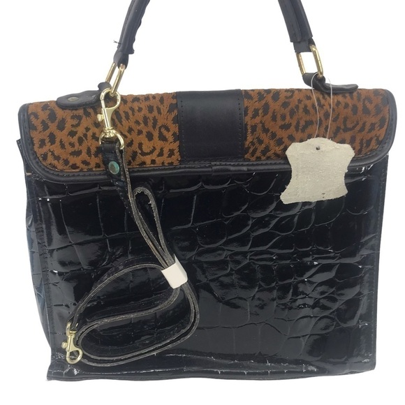 GENUINE LEATHER CHEETAH PRINT CONVERTIBLE CROSSBODY HANDBAG BAG SNAP CLOSURE - Picture 5 of 16